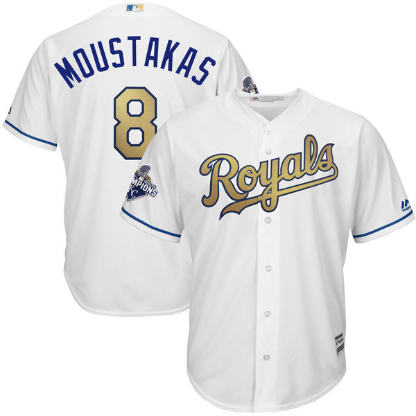 Mike Moustakas #8 Kansas City Royals Majestic White World Series Champions Gold Program Cool Base Player Jersey