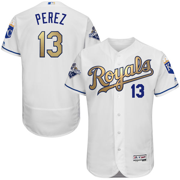 Salvador Perez #13 Kansas City Royals Majestic White World Series Champions Gold Program Flexbase Authentic Collection Player Jersey