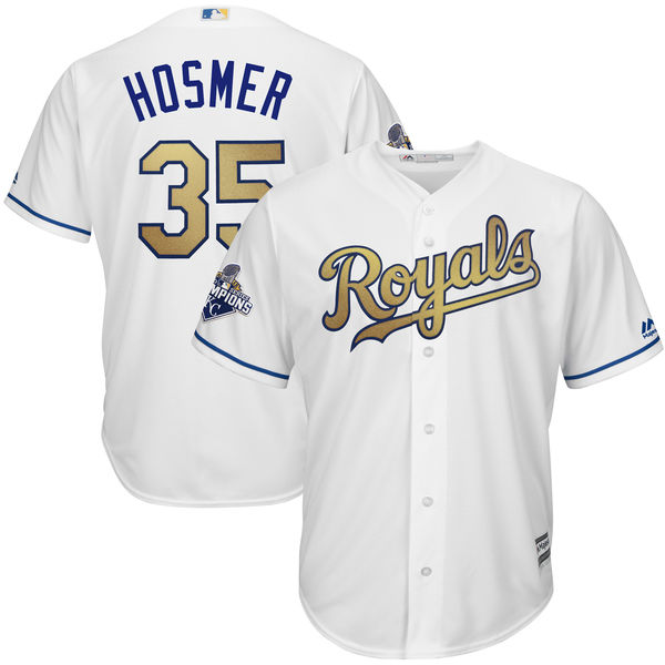 Eric Hosmer #35 Kansas City Royals Majestic White World Series Champions Gold Program Cool Base Player Jersey