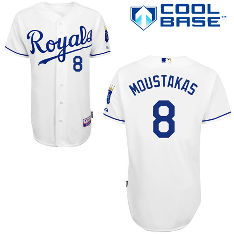 Kansas City Royals #8 Mike Moustakas Men's Authentic White Home Majestic MLB Cool Base Jersey