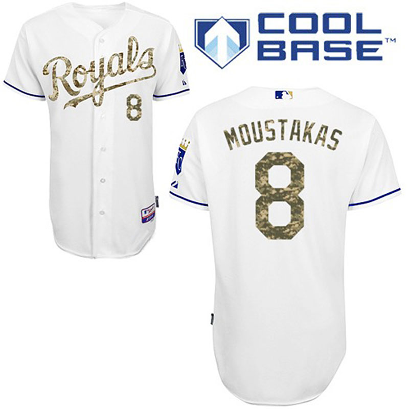 Kansas City Royals #8 Mike Moustakas Men's Authentic White USMC Majestic MLB Cool Base Jersey