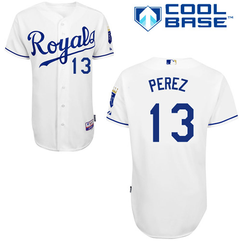 Kansas City Royals #13 Salvador Perez Men's Authentic White Home Majestic MLB Cool Base Jersey