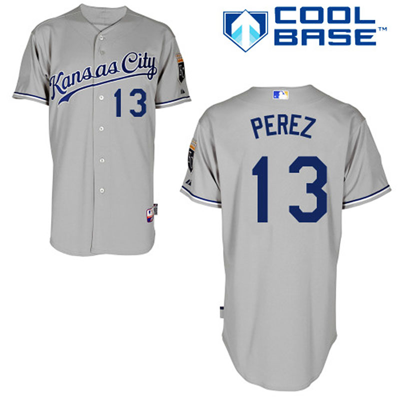 Kansas City Royals #13 Salvador Perez Men's Authentic Grey Road Majestic MLB Cool Base Jersey