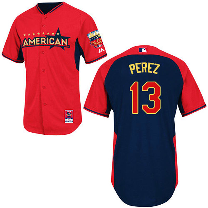 Kansas City Royals #13 Salvador Perez Men's Authentic Red/Navy American League 2014 All Star BP Majestic MLB Jersey