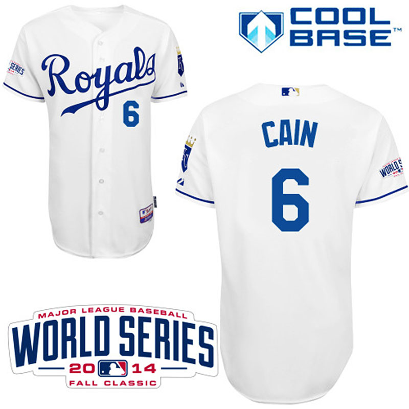 Kansas City Royals #6 Lorenzo Cain Men's Authentic White Home Majestic MLB W/2014 World Series Cool Base Jersey