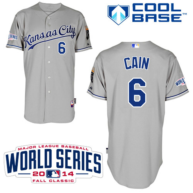 Kansas City Royals #6 Lorenzo Cain Men's Authentic Grey Road Majestic MLB W/2014 World Series Cool Base Jersey