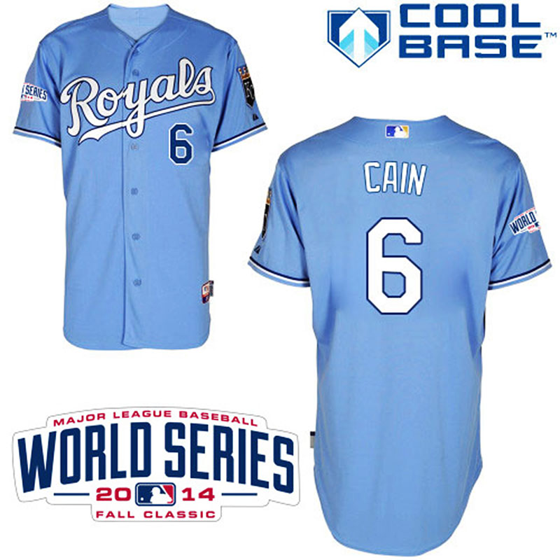 Kansas City Royals #6 Lorenzo Cain Men's Authentic Powder Blue Alternate Majestic MLB W/2014 World Series Cool Base Jersey