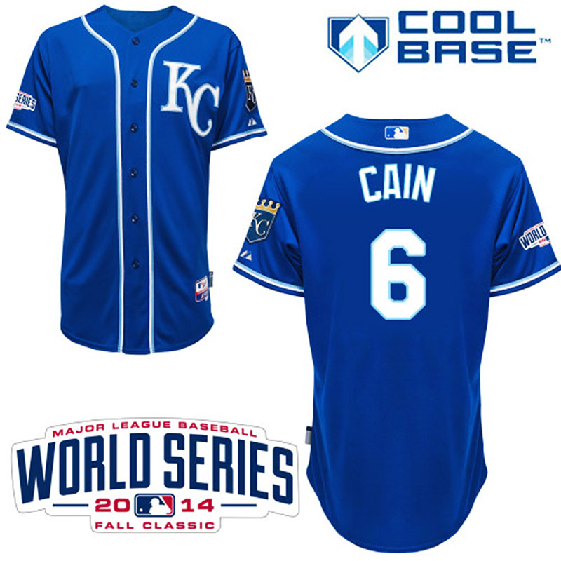 Kansas City Royals #6 Lorenzo Cain Men's Authentic Royal Blue Alternate Majestic MLB W/2014 World Series Cool Base Jersey