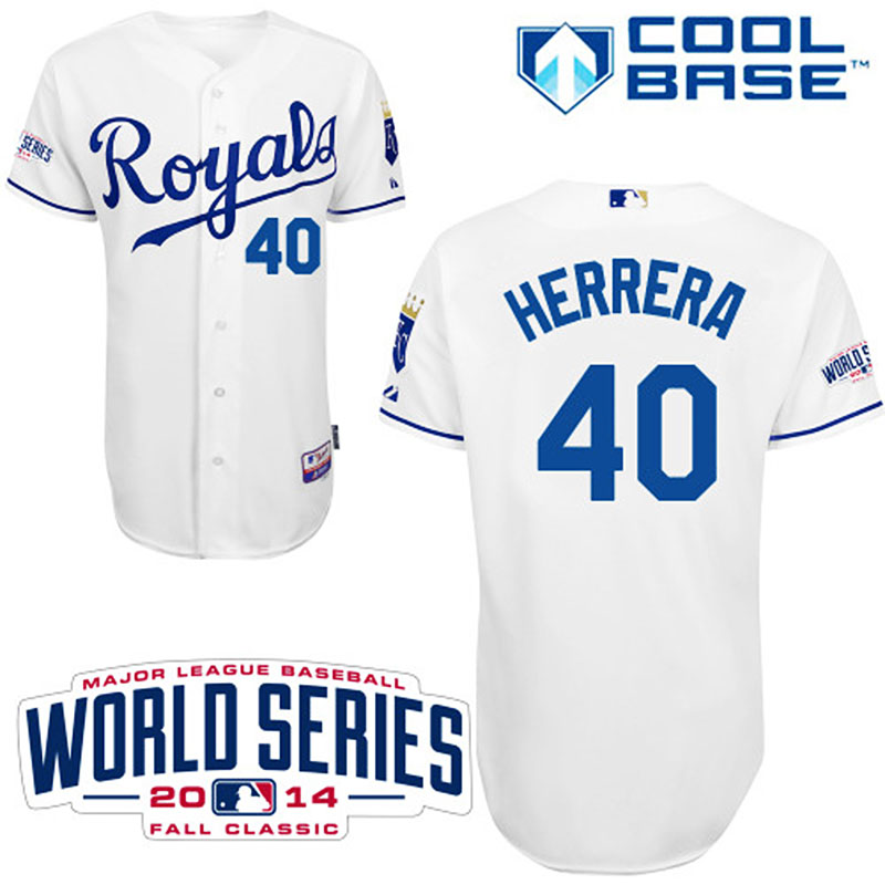 Kansas City Royals #40 Kelvin Herrera Men's Authentic White Home Majestic MLB W/2014 World Series Cool Base Jersey