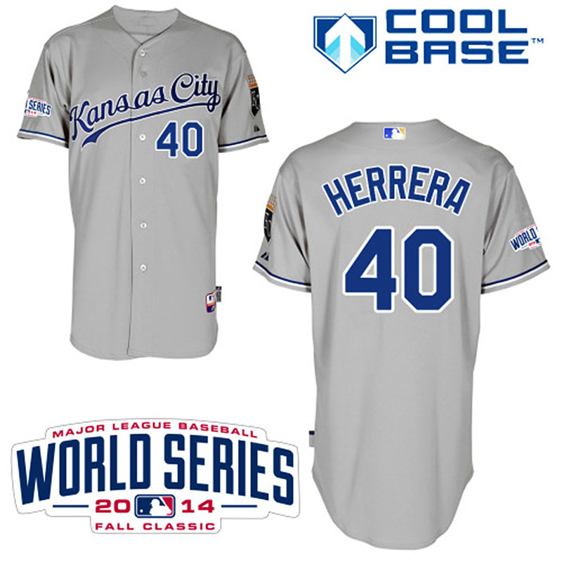 Kansas City Royals #40 Kelvin Herrera Men's Authentic Grey Road Majestic MLB W/2014 World Series Cool Base Jersey