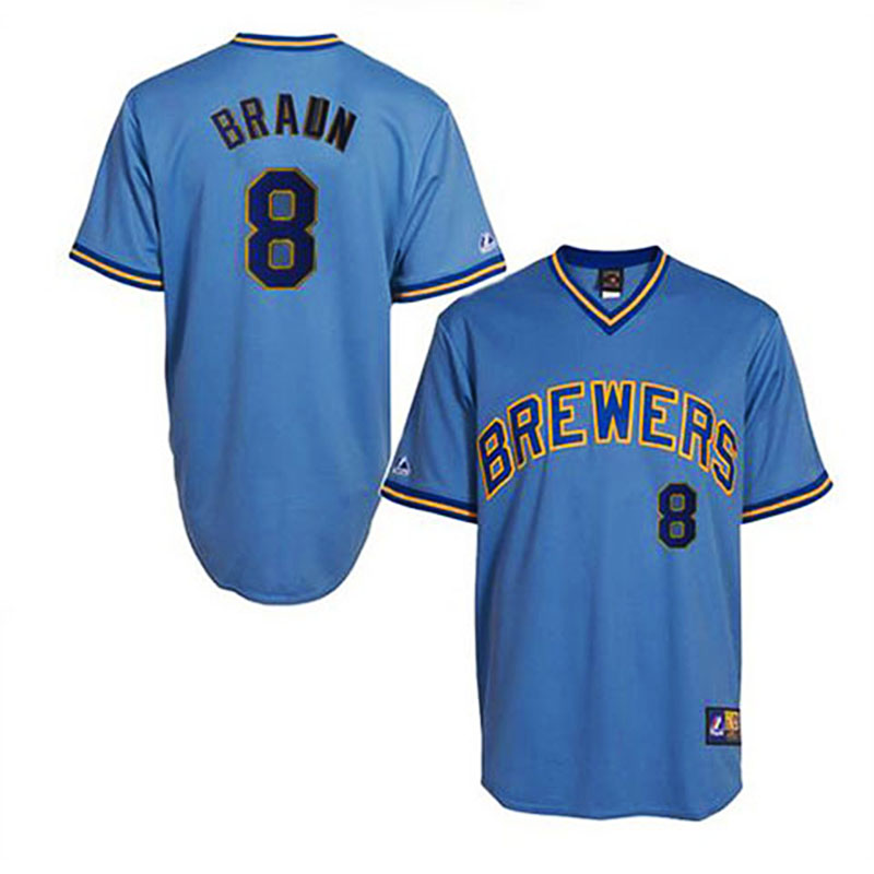 Milwaukee Brewers #8 Ryan Braun White Home Light Blue Strip Throwback Jersey