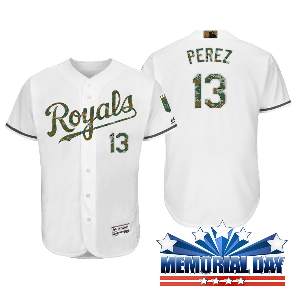 Kansas City Royals Salvador Perez #13 White Camo Fashion 2016 Memorial Day Cool Base Jersey