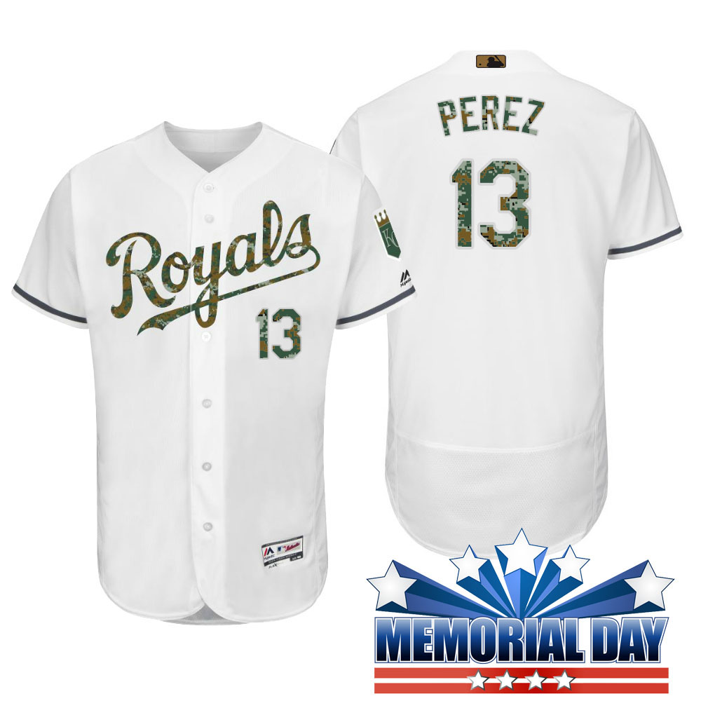 Kansas City Royals Salvador Perez #13 White Camo Fashion 2016 Memorial Day Flex Base Jersey