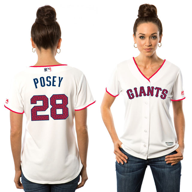 Women's San Francisco Giants Buster Posey #28 White 2016 Independence Day Stars & Stripes Cool Base Jersey