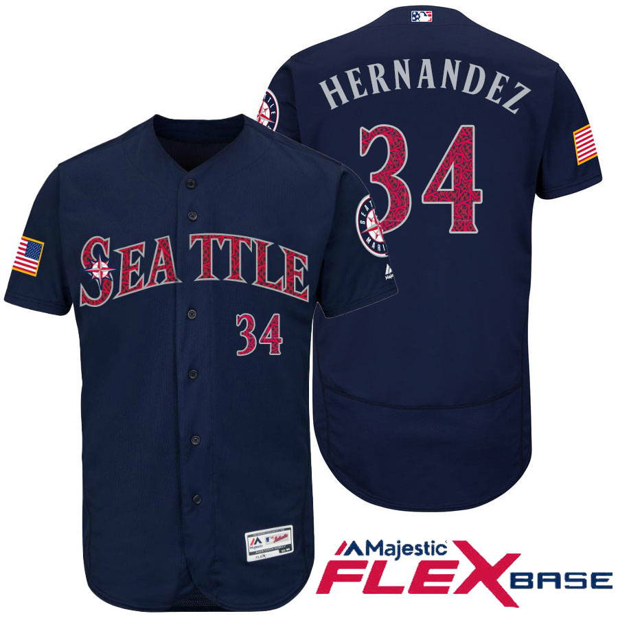 Seattle Mariners #34 Felix Hernandez Navy Stars & Stripes 2016 Independence Day Flex Base Jersey