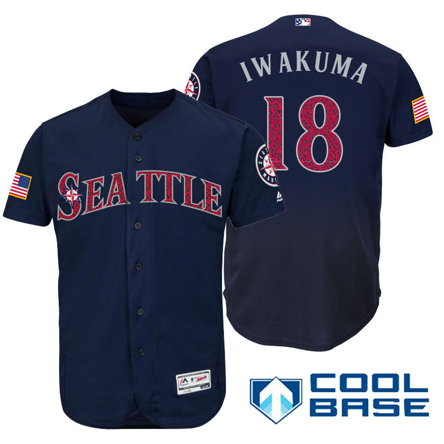 Seattle Mariners #18 Hisashi Iwakuma Navy Stars & Stripes 2016 Independence Day Cool Base Jersey