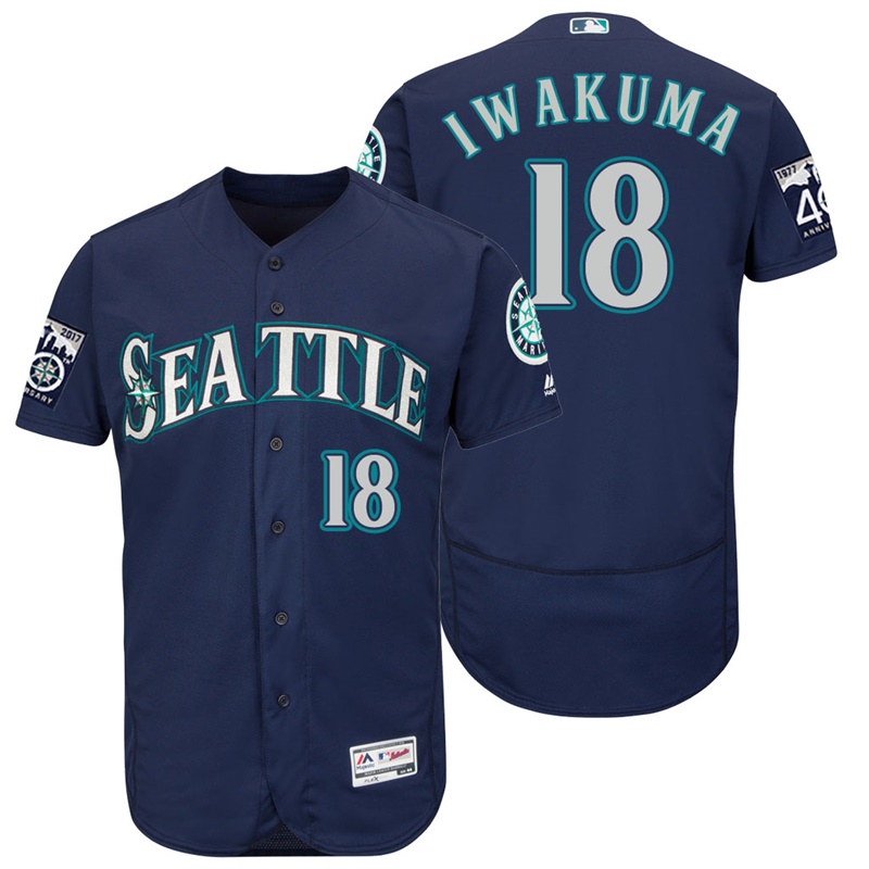 Seattle Mariners Hisashi Iwakuma #18 Navy On-Field 40th Anniversary Patch Flex Base Jersey