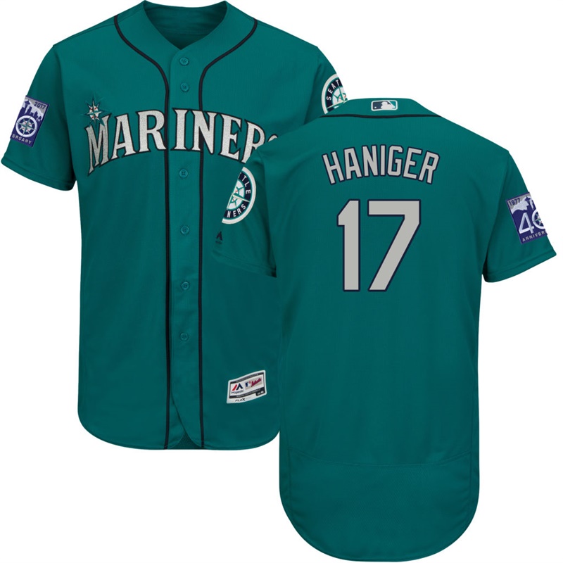 Men Seattle Mariners Mitch Haniger #17 Aqua Alternate Commemorative Patch Flex Base Jersey