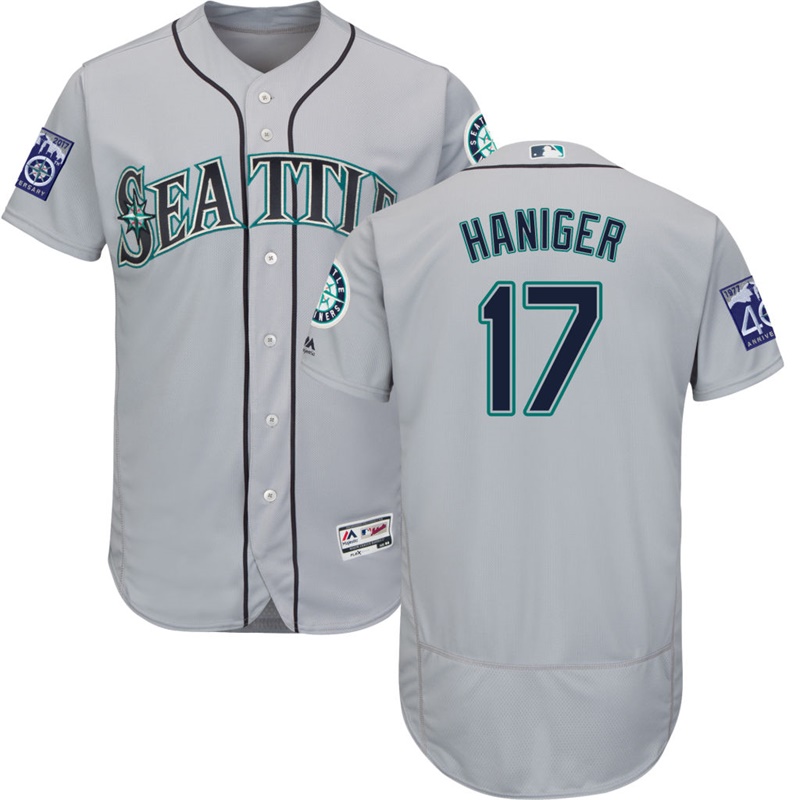 Men Seattle Mariners Mitch Haniger #17 Gray Road Commemorative Patch Flex Base Jersey