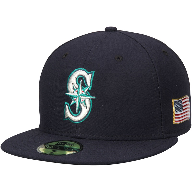 Seattle Mariners Navy On Field 9/11 Side Patch US Flag 59FIFTY Flex Hat