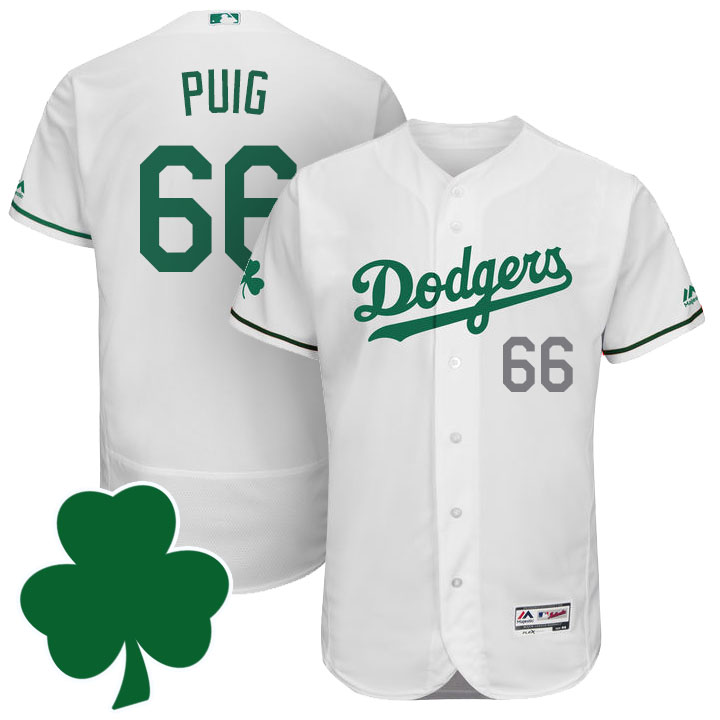 L.A. Dodgers #66 Yasiel Puig St. Patricks Day White Celtic Flexbase Authentic Collection Jersey