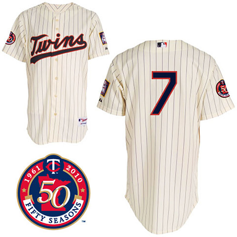 Minnesota Twins #7 Joe Mauer Cream Home 50TH Season Patch Jersey