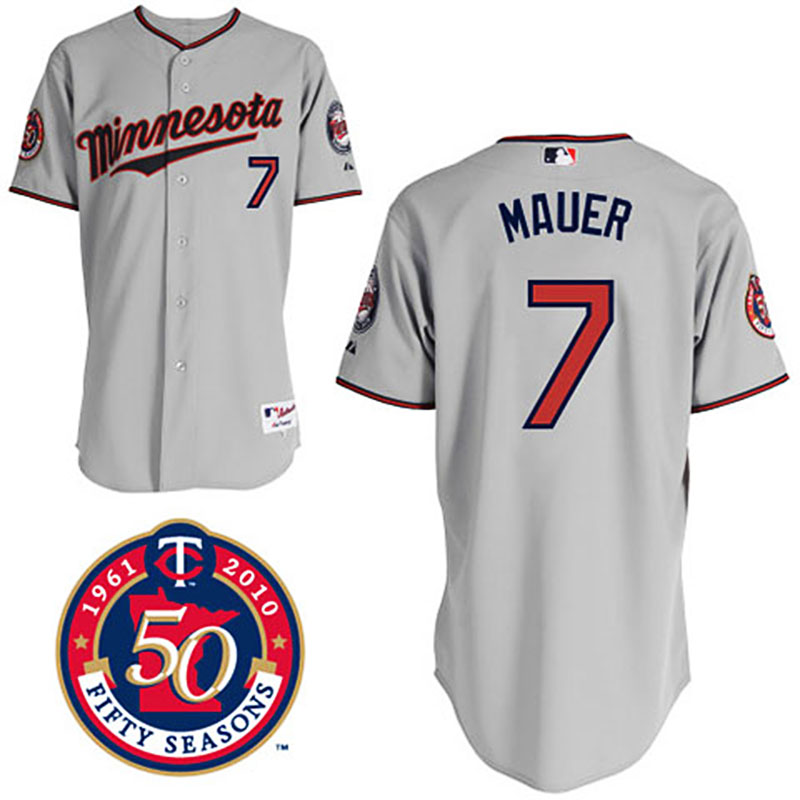 Minnesota Twins #7 Joe Mauer Grey Road 50TH Season Patch Jersey