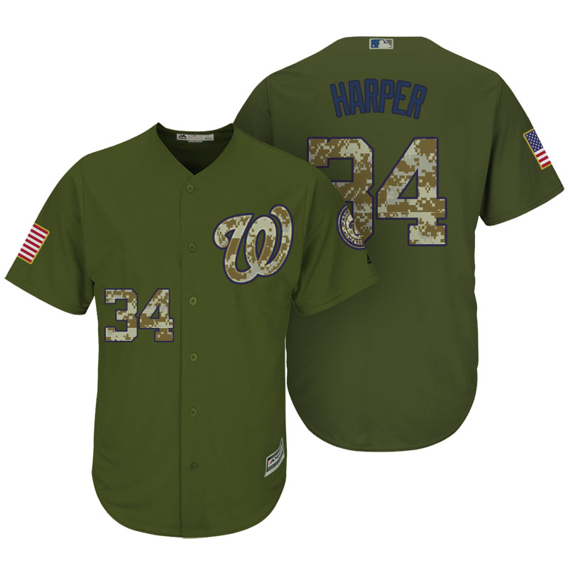 Washington Nationals #34 Bryce Harper Camo Olive Salute Official Cool Base Player Jersey