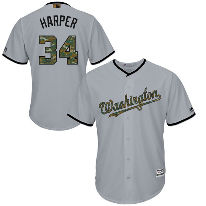 Washington Nationals Bryce Harper #34 Gray Camo Fashion 2016 Memorial Day Cool Base Jersey