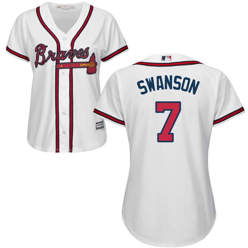 Women's Atlanta Braves #7 Dansby Swanson Home White Cool Base Jersey