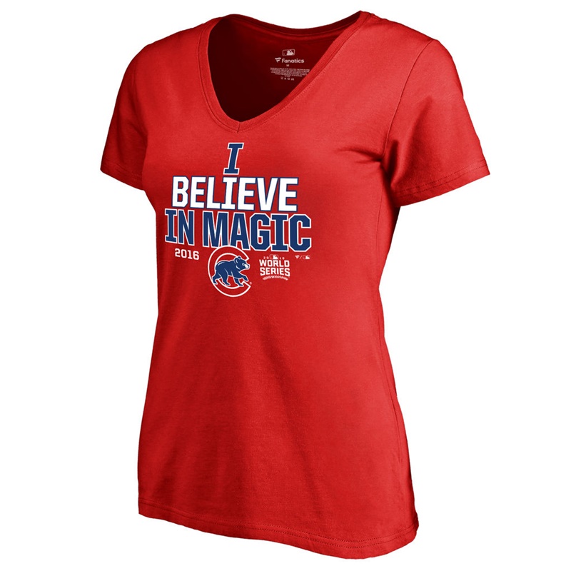 Women's Chicago Cubs Red I Believe In Magic Slim Fit V-Neck T-Shirt