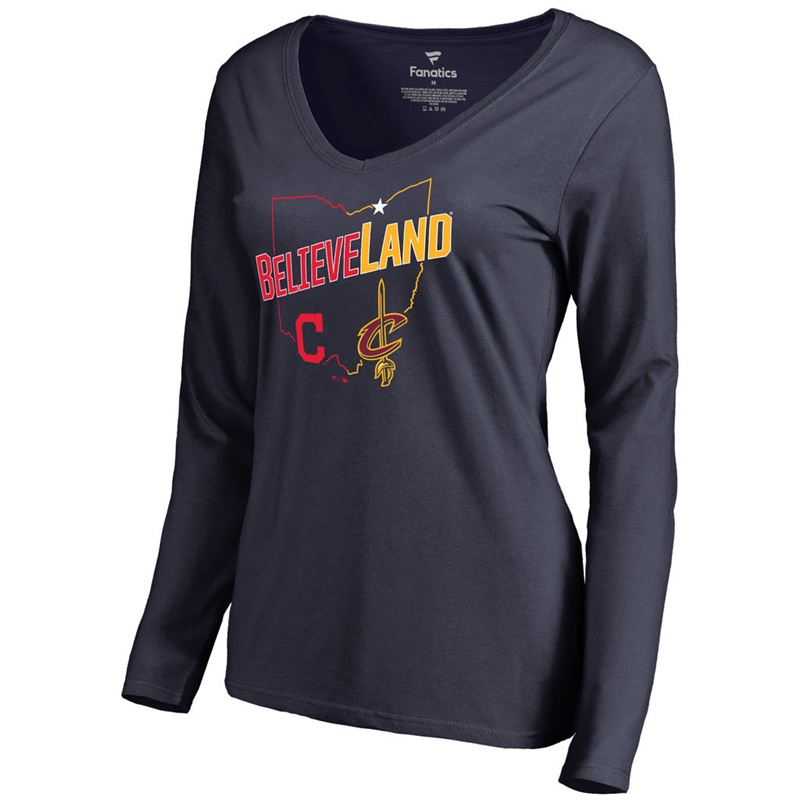 Women's Cleveland Indians Navy Cleveland Cavaliers & Cleveland Indians Believeland Long Sleeve T-Shirt