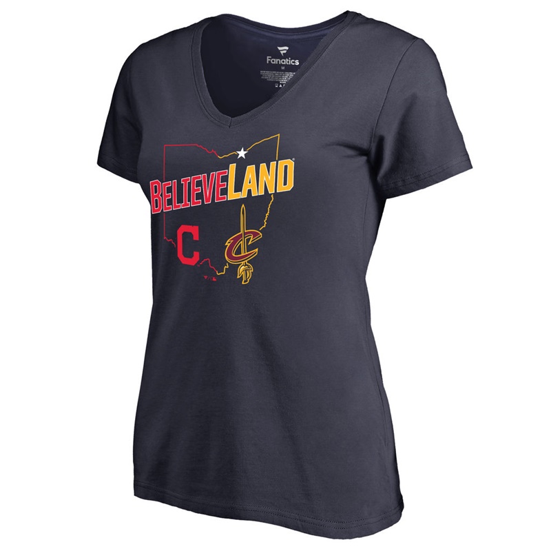 Women's Cleveland Indians Navy Cleveland Cavaliers & Cleveland Indians Believeland T-Shirt