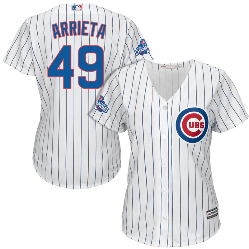 Women's Chicago Cubs Jake Arrieta #49 White 2016 World Series Champions Team Logo Patch Cool Base Jersey