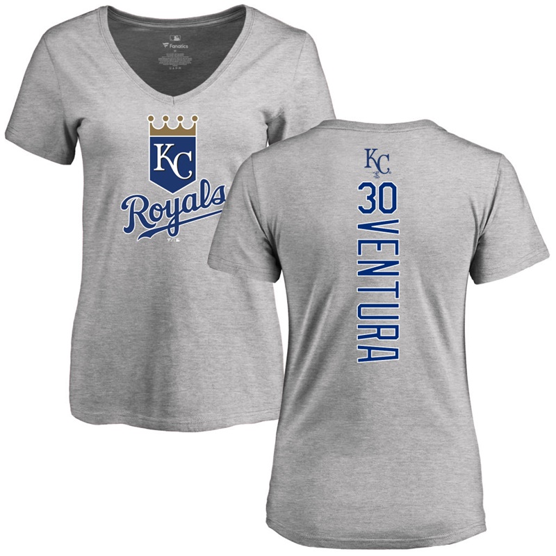 Women's Kansas City Royals Yordano Ventura #30 Ash Backer Slim Fit T-Shirt