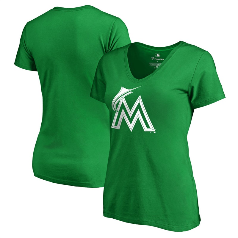 Women's Miami Marlins Kelly Green St. Patrick's Day White Logo T-Shirt