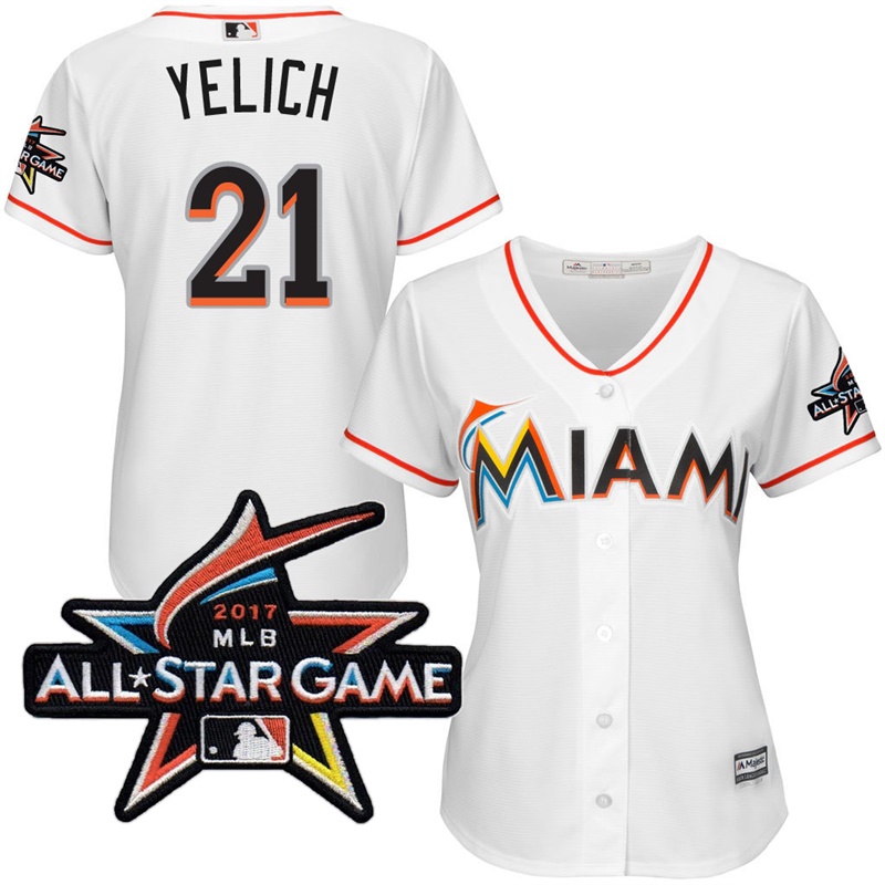 Women's Miami Marlins Christian Yelich #21 2017 All-Star Game Patch White Cool Base Jersey