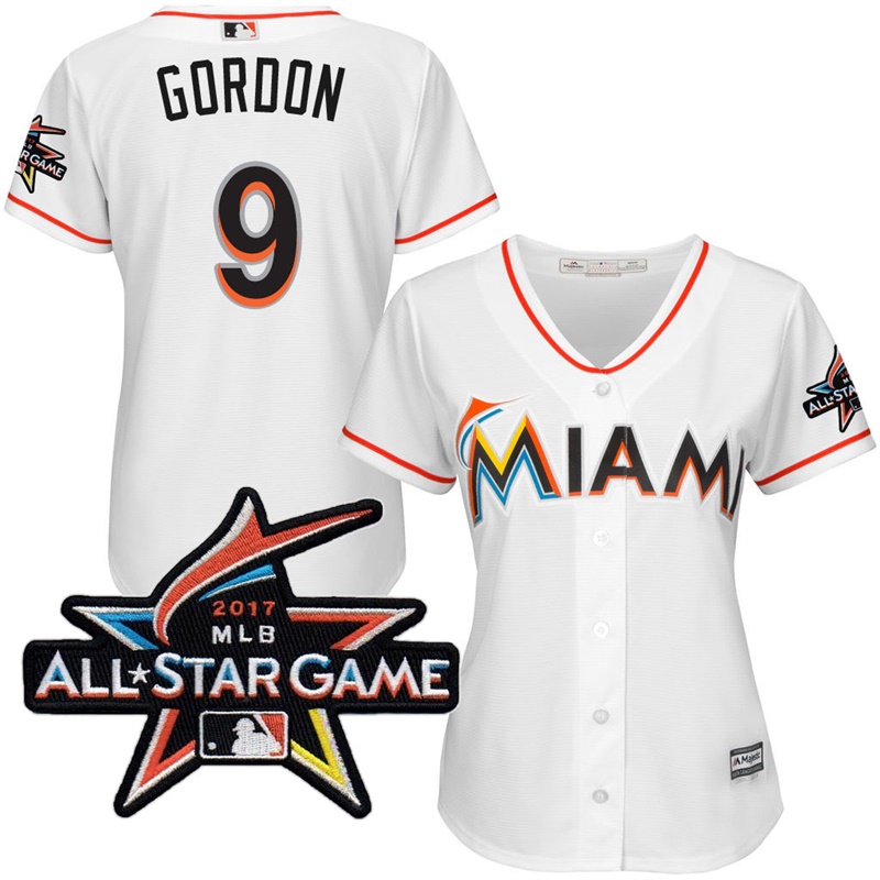 Women's Miami Marlins Dee Gordon #9 2017 All-Star Game Patch White Cool Base Jersey