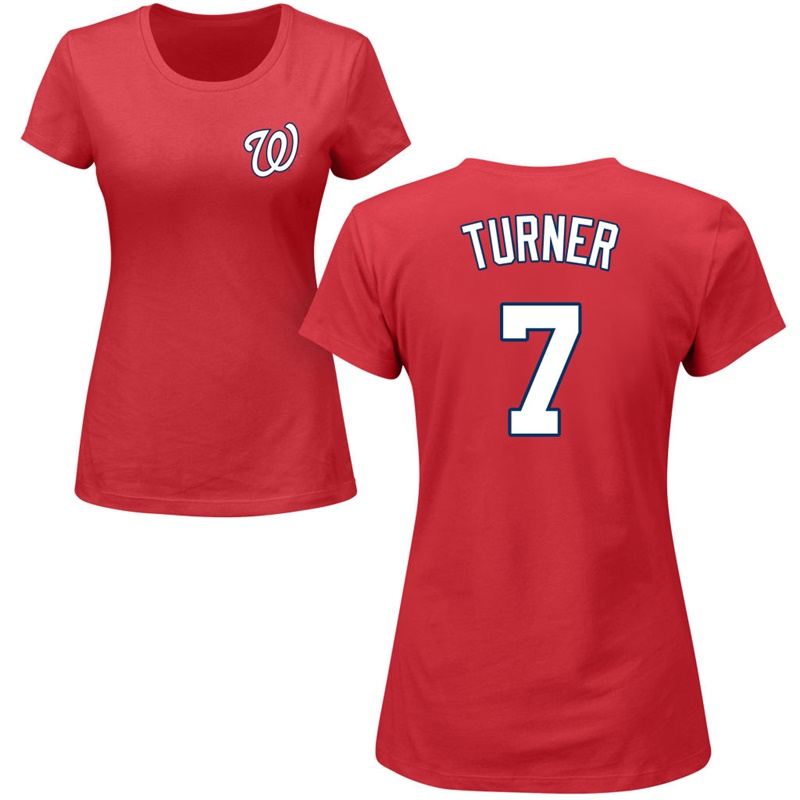 Women's Washington Nationals Trea Turner #7 Red Roster Name and Number T-Shirt