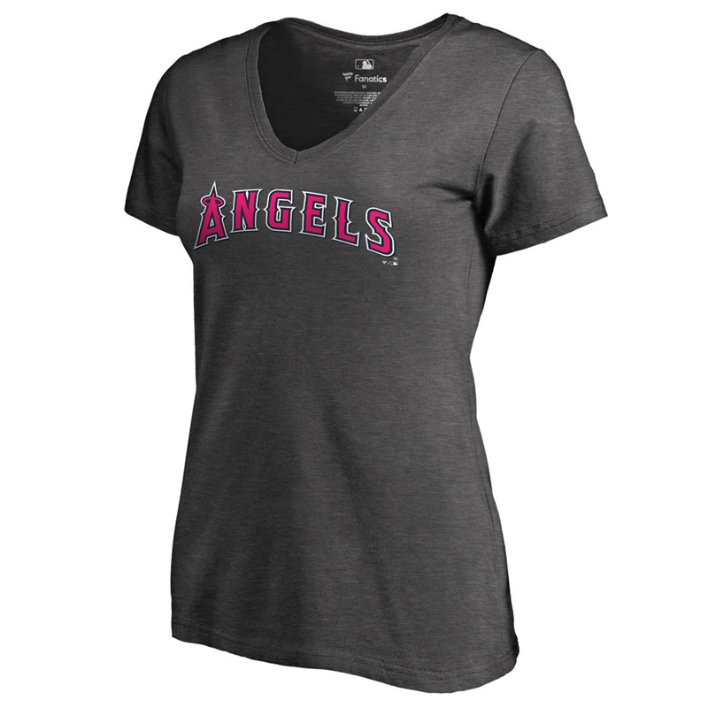 Women 2017 Mother's Day Los Angeles Angels Pink Wordmark V-Neck Slim Fit Heather Gray T-Shirt