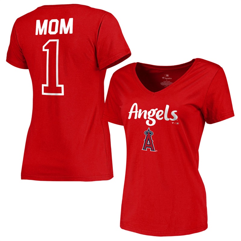 Women 2017 Mother's Day Los Angeles Angels #1 Mom V-Neck Red T-Shirt