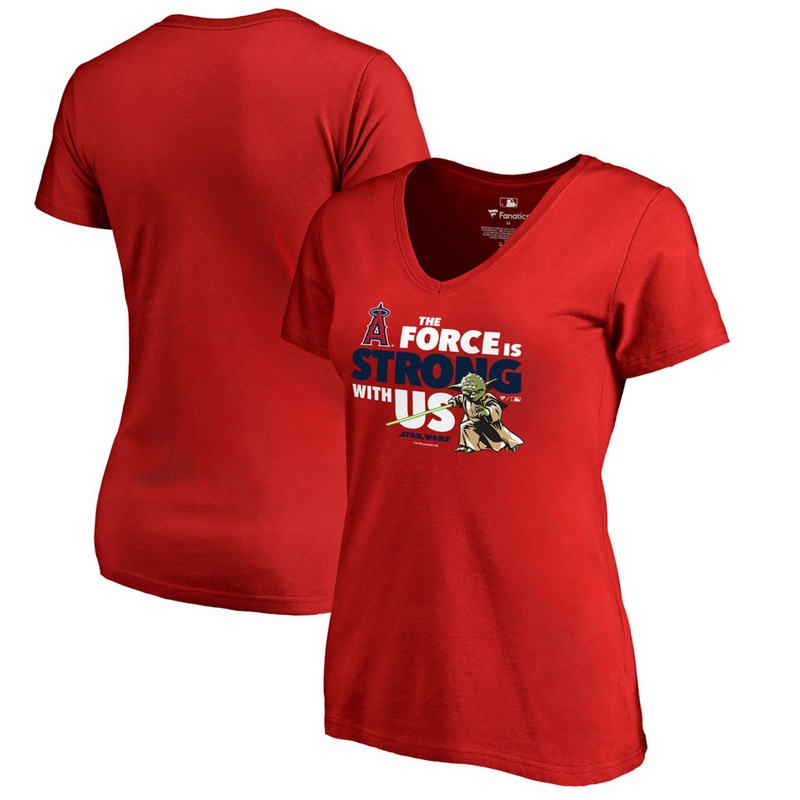 Women Los Angeles Angels Star Wars Jedi Strong V-Neck Slim Fit Red T-Shirt