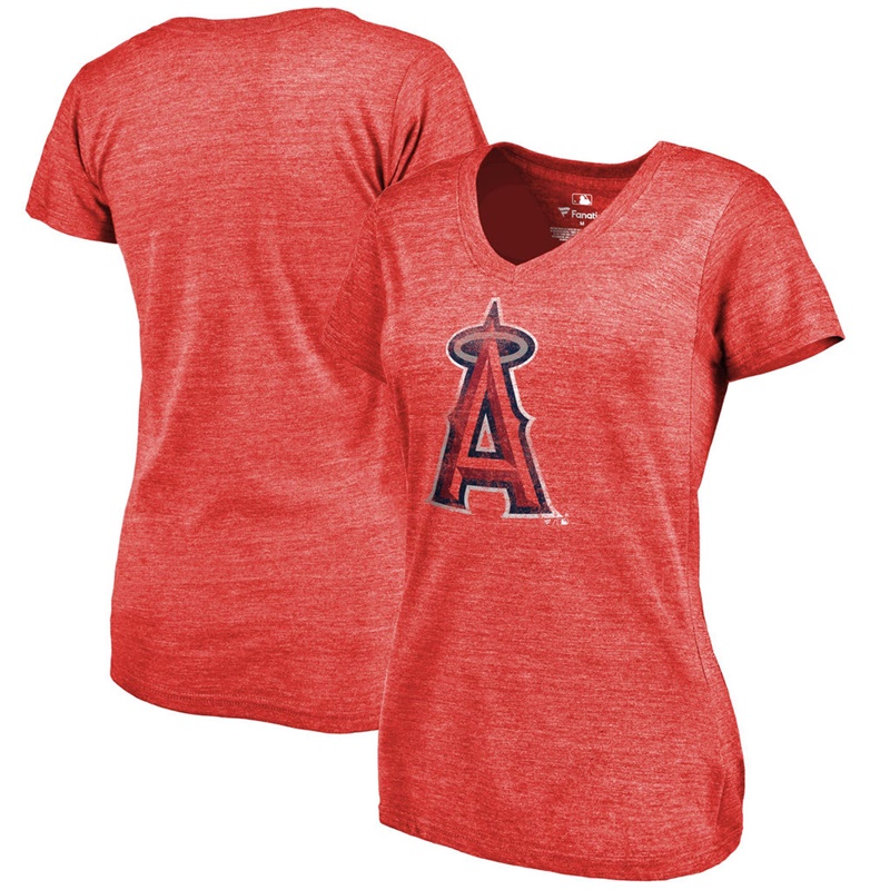 Women Los Angeles Angels V-Neck Primary Distressed Team Red T-Shirt