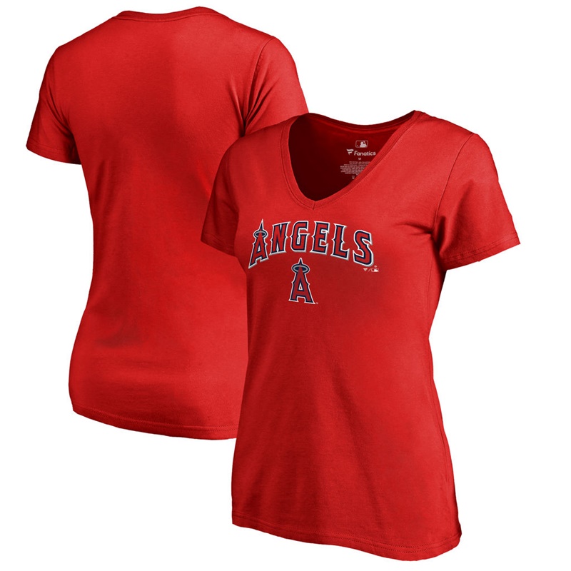 Women Los Angeles Angels V-Neck Team Lockup Red T-Shirt