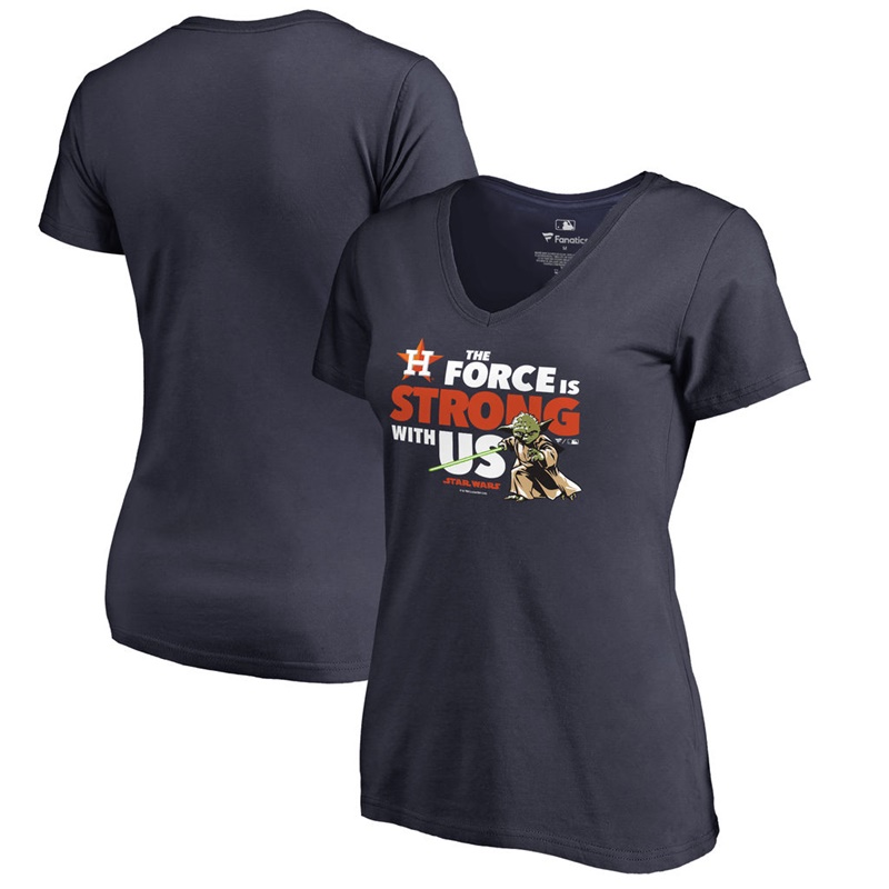 Women Houston Astros Star Wars Jedi Strong V-Neck Slim Fit Navy T-Shirt