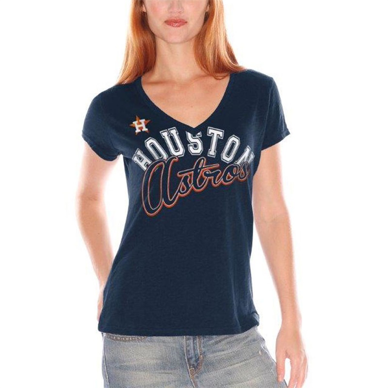 Women Houston Astros V-Neck Fair Catch Navy T-Shirt