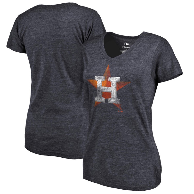 Women Houston Astros V-Neck Primary Distressed Team Navy T-Shirt