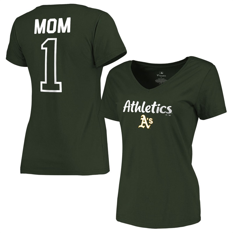 Women 2017 Mother's Day Oakland Athletics #1 Mom V-Neck Green T-Shirt