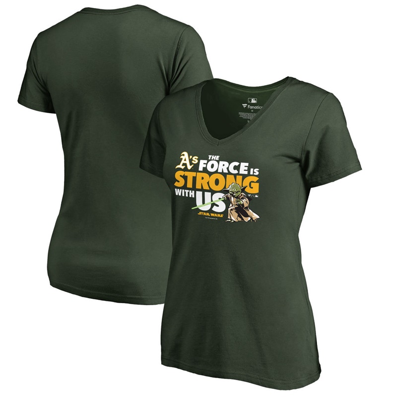 Women Oakland Athletics Star Wars Jedi Strong V-Neck Slim Fit Green T-Shirt