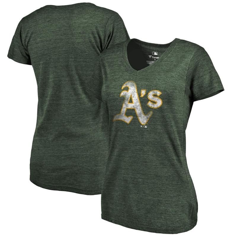 Women Oakland Athletics V-Neck Primary Distressed Team Green T-Shirt